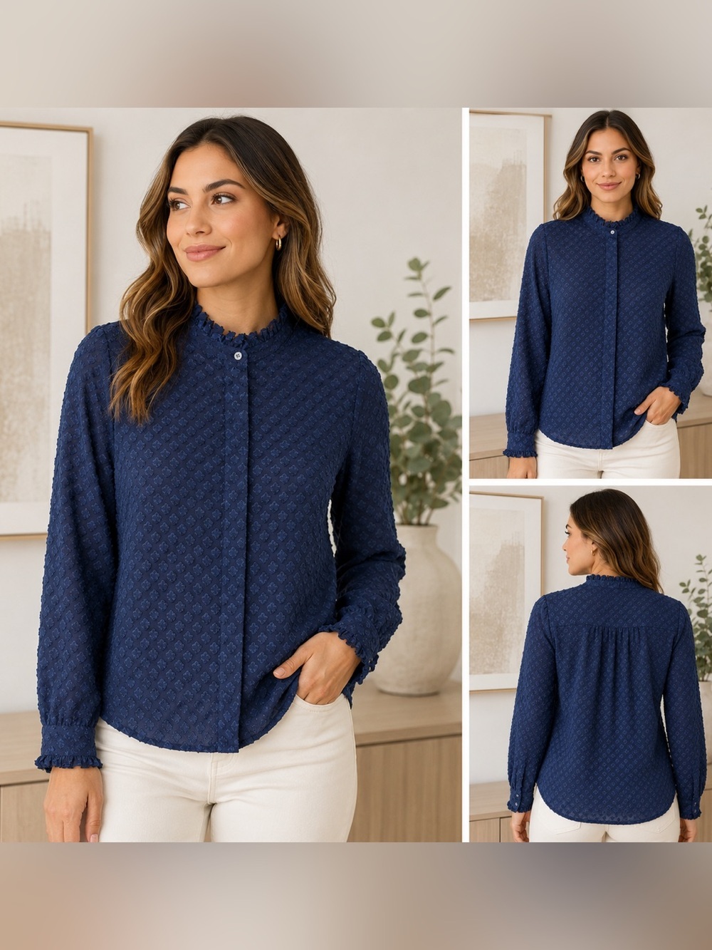 Banana Republic Dillon Ruffle Blouse Navy Textured Sheer S Like New